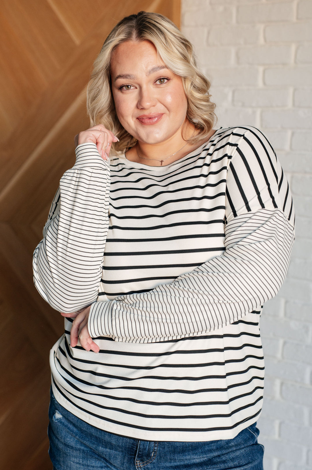 Super Clever Patchwork Striped Top in Ivory-110 Long Sleeve Tops-Inspired by Justeen-Women's Clothing Boutique