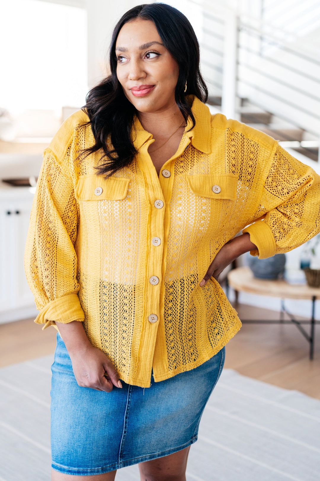 Sweeter Than Nectar Lace Button Down in Honey-Long Sleeve Tops-Inspired by Justeen-Women's Clothing Boutique in Chicago, Illinois