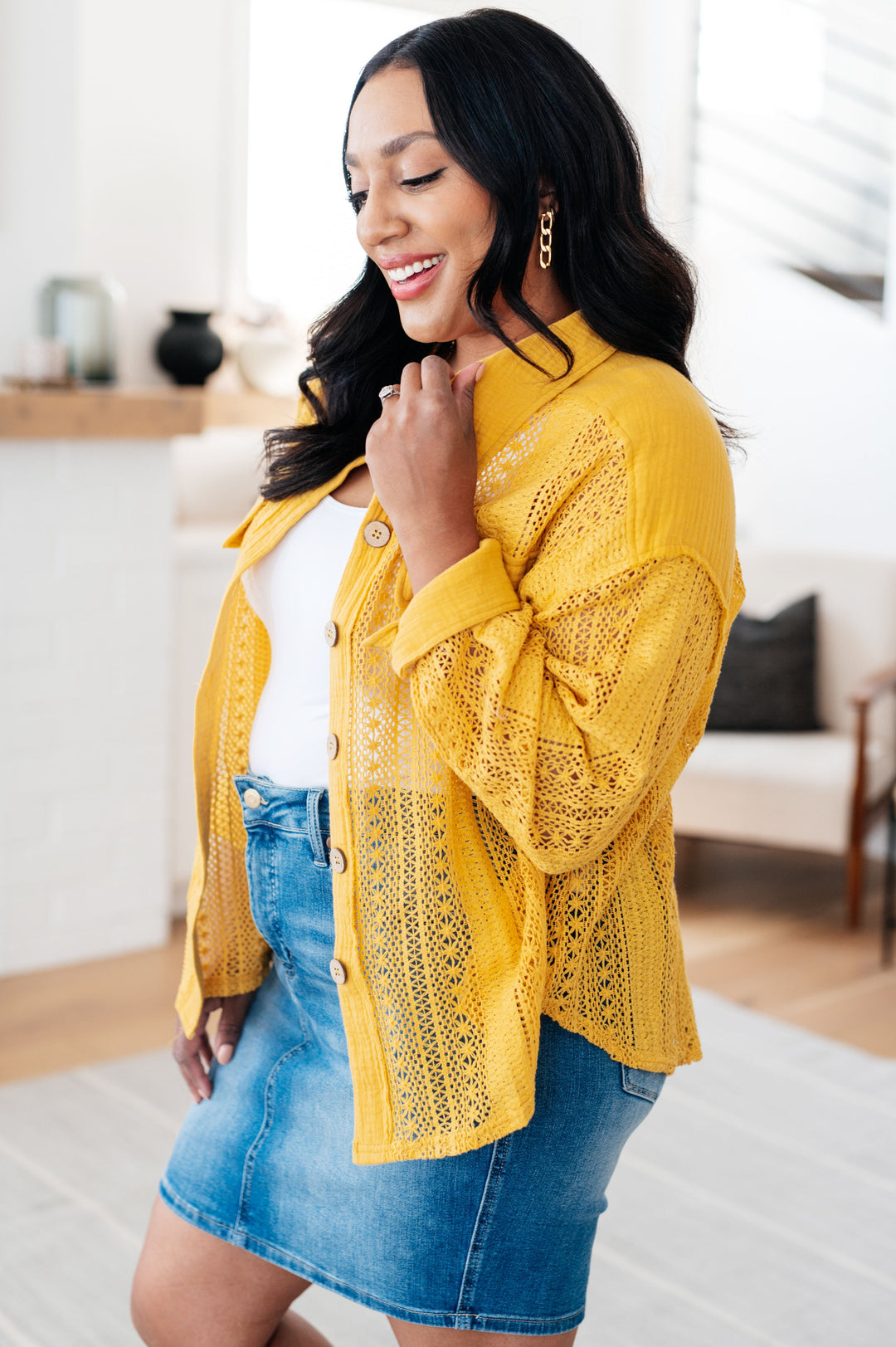 Sweeter Than Nectar Lace Button Down in Honey-Long Sleeve Tops-Inspired by Justeen-Women's Clothing Boutique in Chicago, Illinois