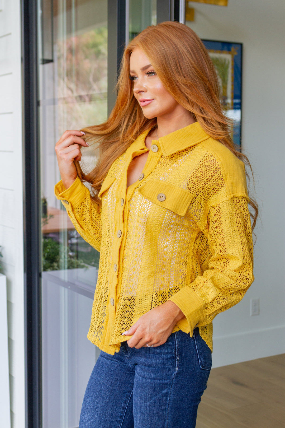 Sweeter Than Nectar Lace Button Down in Honey-Long Sleeve Tops-Inspired by Justeen-Women's Clothing Boutique in Chicago, Illinois