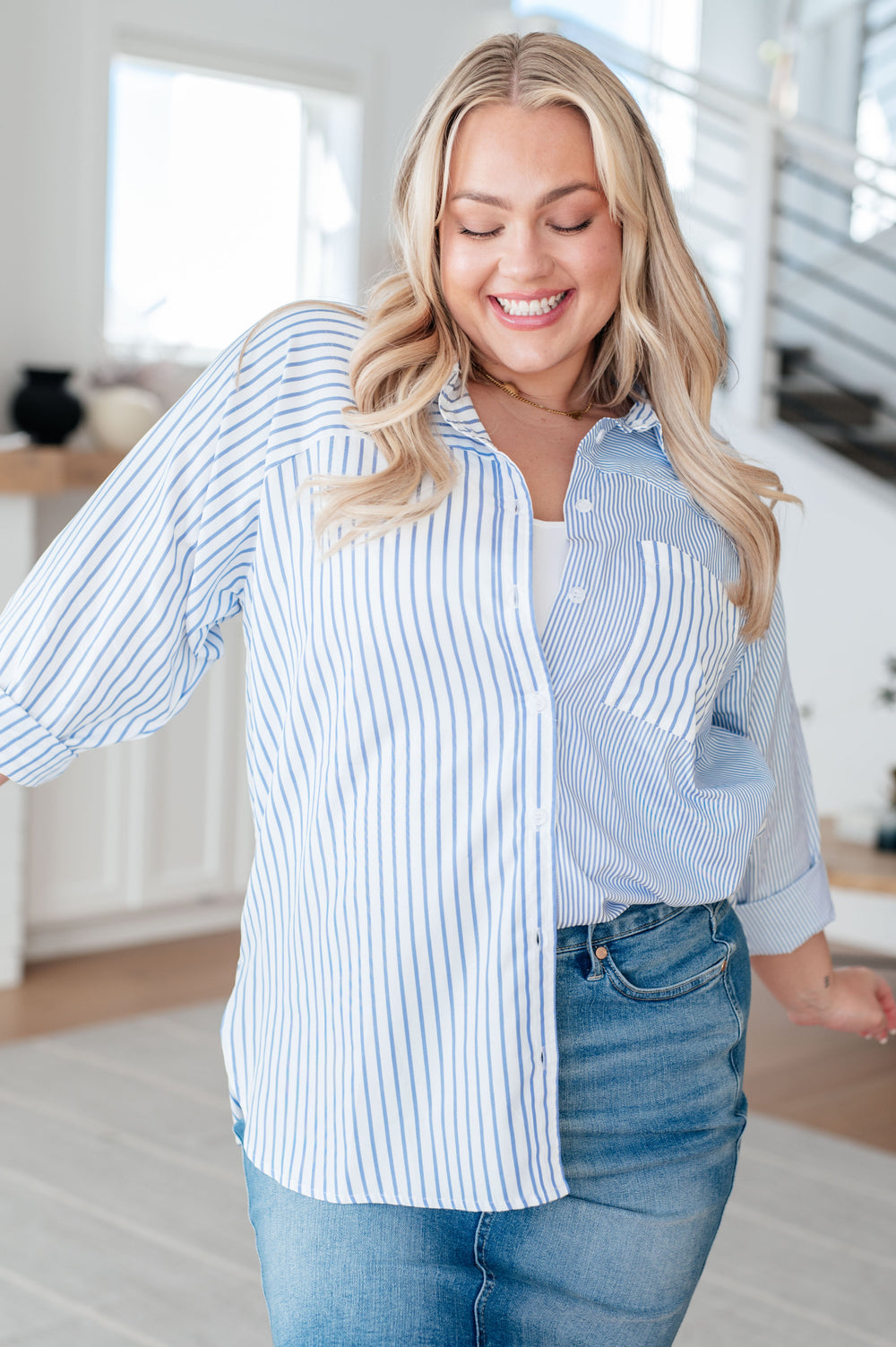 This or That Striped Button Down-Tops-Inspired by Justeen-Women's Clothing Boutique in Chicago, Illinois