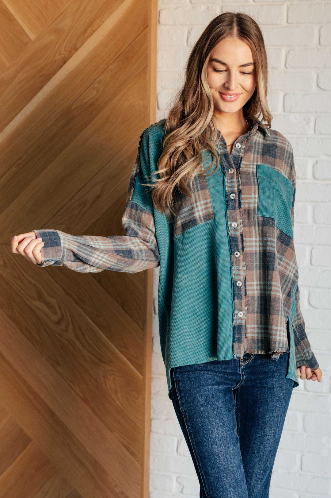 Tied for Time Thermal Plaid Button Up-110 Long Sleeve Tops-Inspired by Justeen-Women's Clothing Boutique