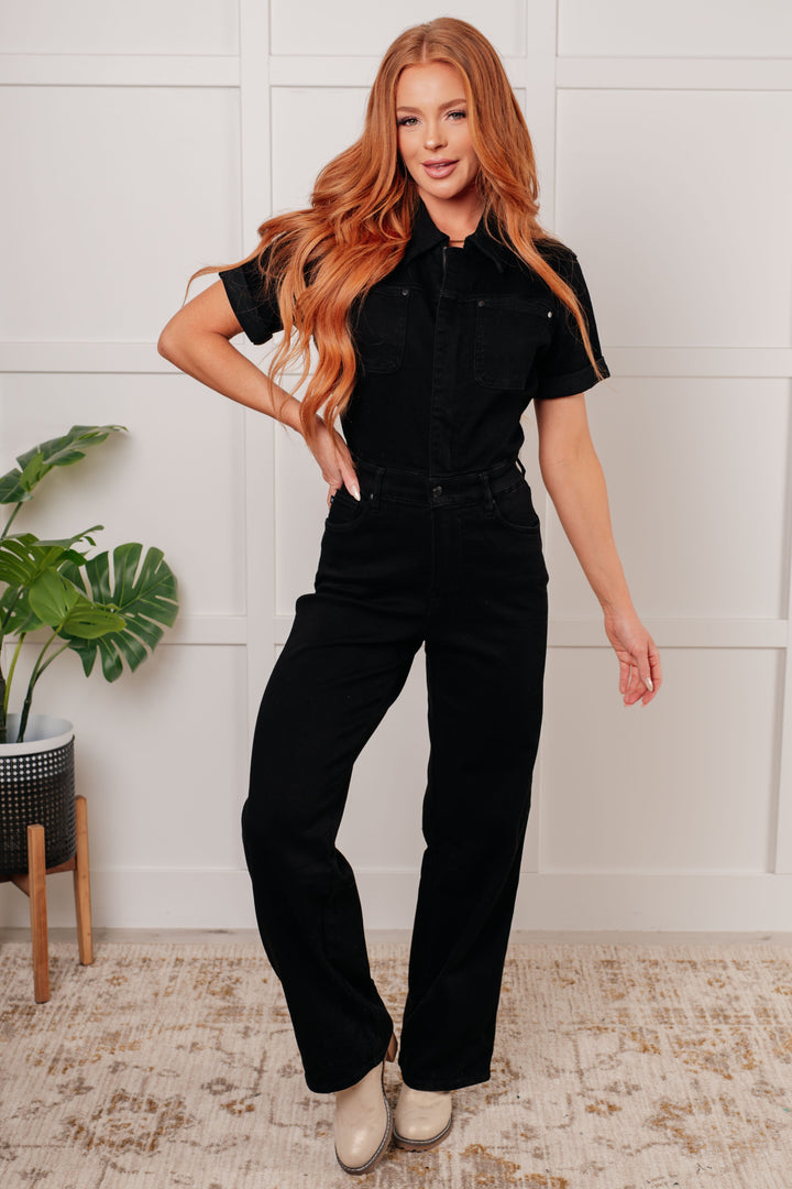 Tilda Short Sleeve Control Top Denim Jumpsuit-Denim-Inspired by Justeen-Women's Clothing Boutique