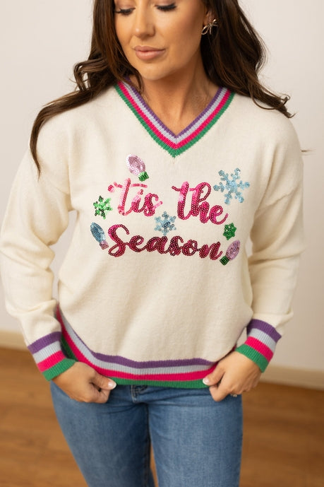 Tis the Season Sequin Cream Sweater-Sweaters/Sweatshirts-Inspired by Justeen-Women's Clothing Boutique