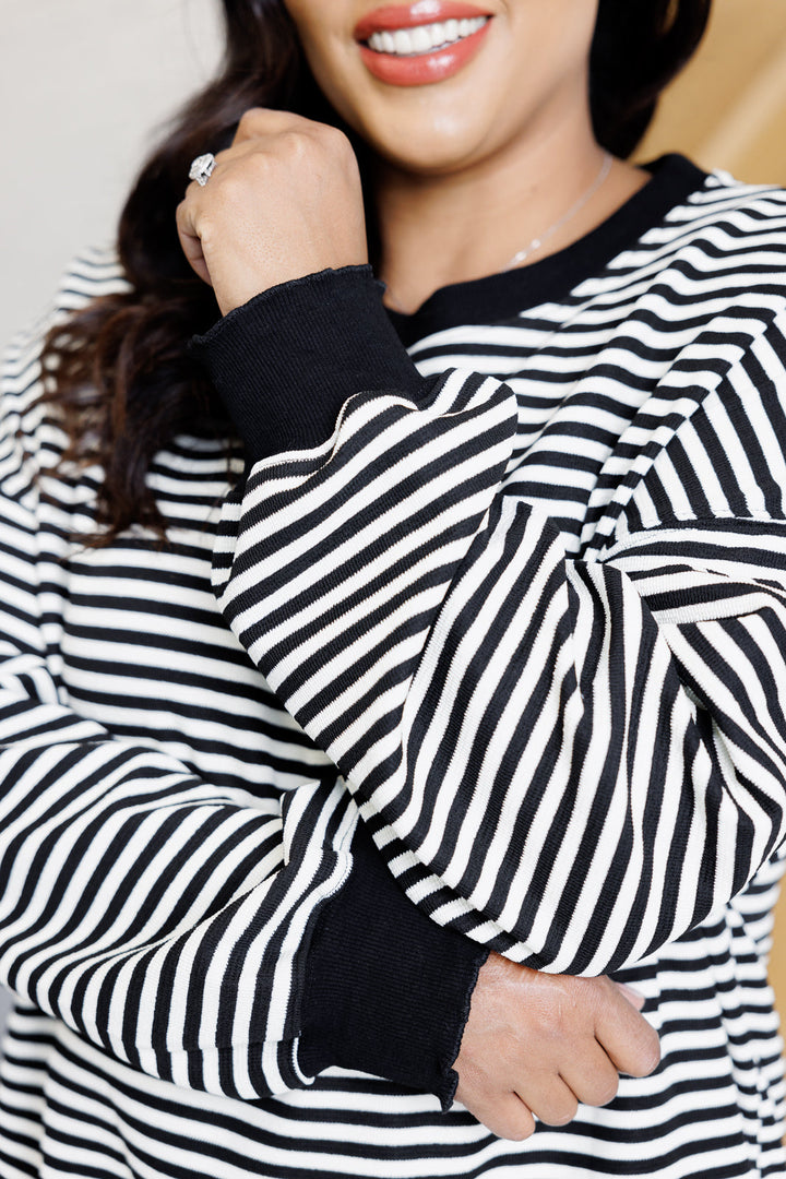 Too Good to Be True Striped Drop Shoulder Top in Black-110 Long Sleeve Tops-Inspired by Justeen-Women's Clothing Boutique