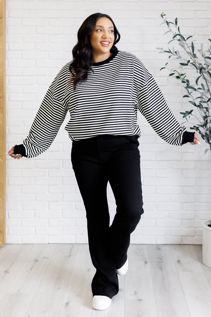 Too Good to Be True Striped Drop Shoulder Top in Black-110 Long Sleeve Tops-Inspired by Justeen-Women's Clothing Boutique