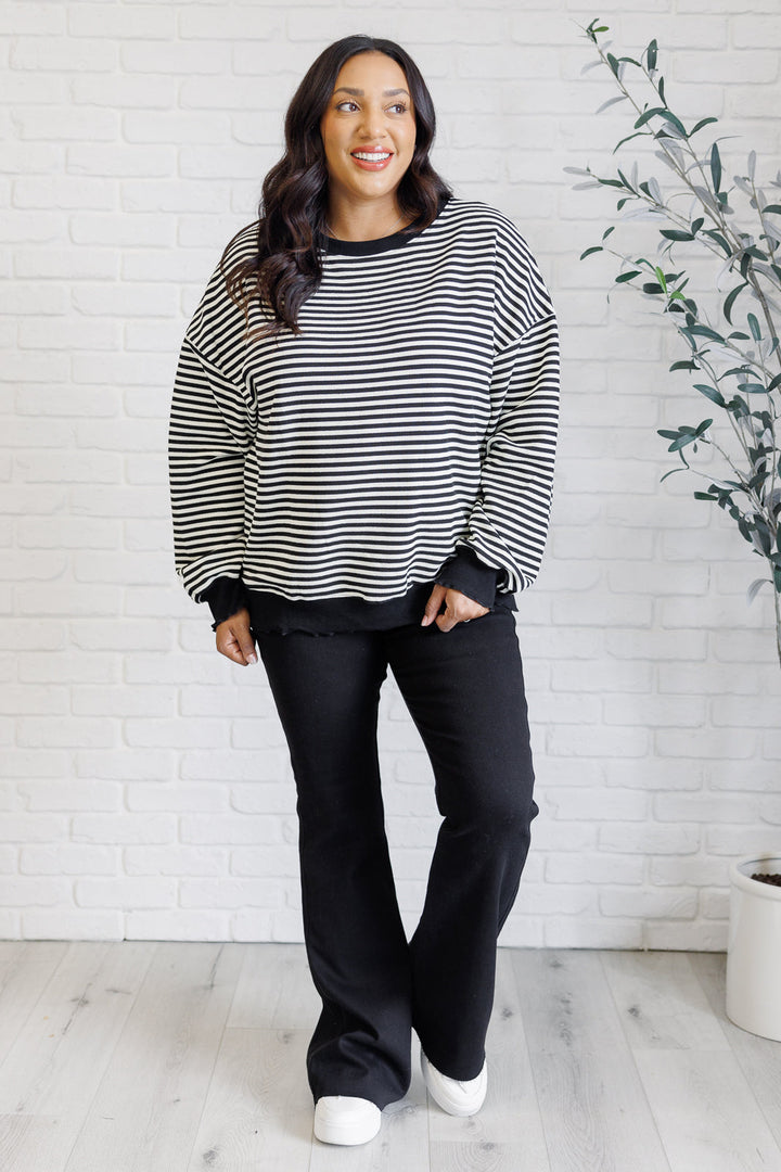 Too Good to Be True Striped Drop Shoulder Top in Black-110 Long Sleeve Tops-Inspired by Justeen-Women's Clothing Boutique