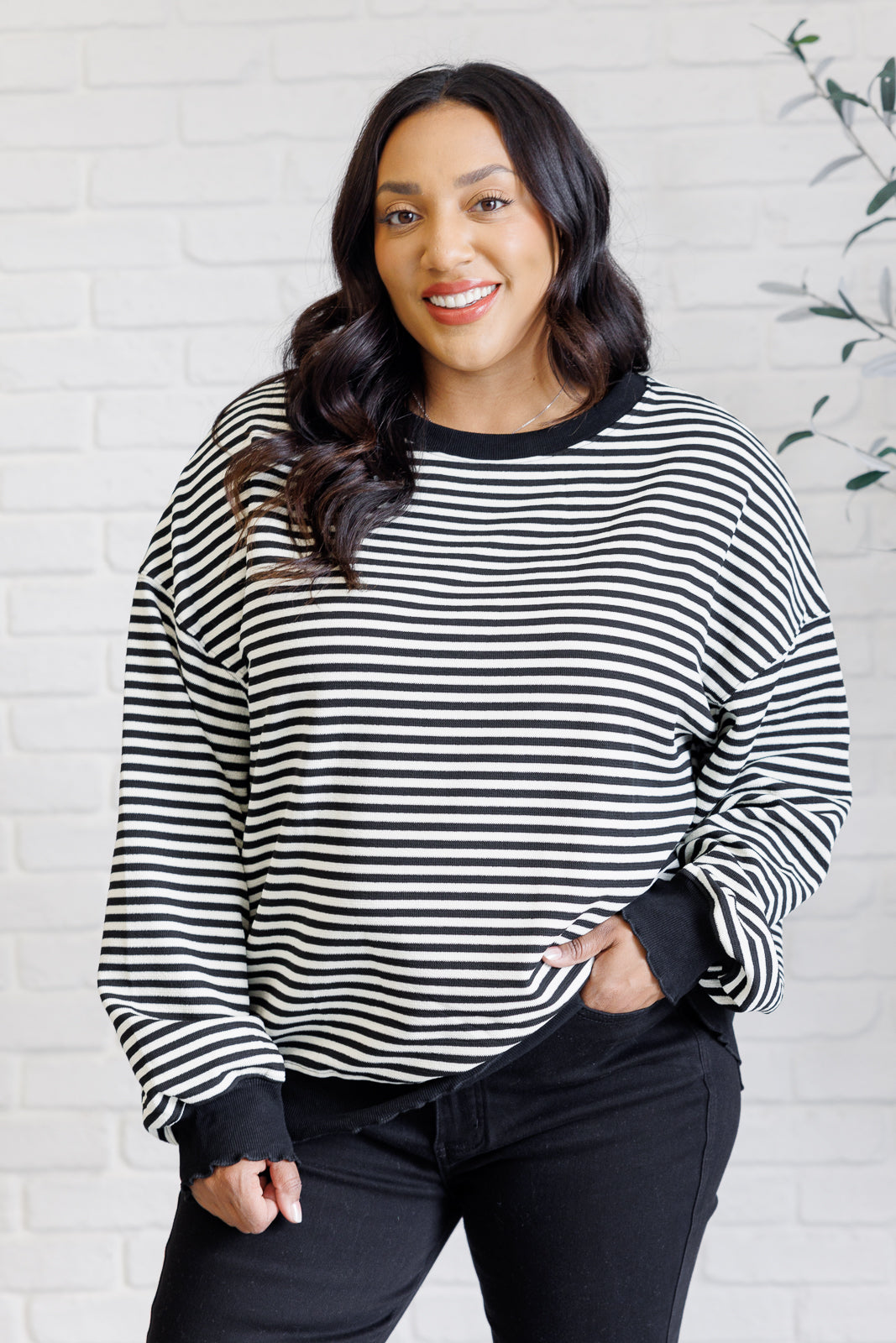 Too Good to Be True Striped Drop Shoulder Top in Black-110 Long Sleeve Tops-Inspired by Justeen-Women's Clothing Boutique