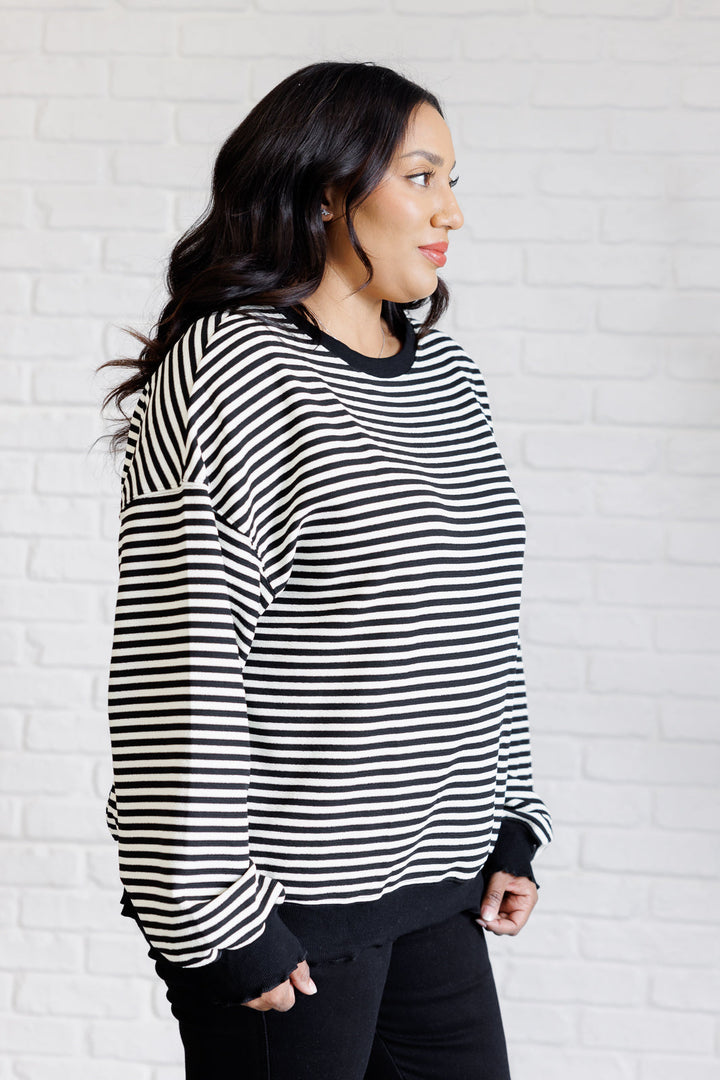 Too Good to Be True Striped Drop Shoulder Top in Black-110 Long Sleeve Tops-Inspired by Justeen-Women's Clothing Boutique