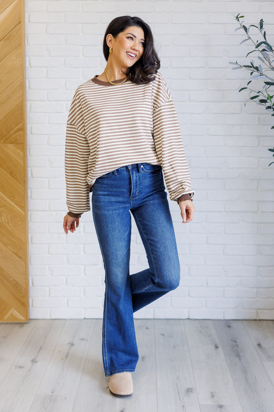 Too Good to be True Striped Drop Shoulder Top in Brown-110 Long Sleeve Tops-Inspired by Justeen-Women's Clothing Boutique