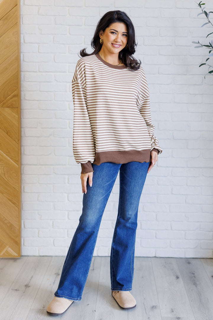 Too Good to be True Striped Drop Shoulder Top in Brown-110 Long Sleeve Tops-Inspired by Justeen-Women's Clothing Boutique