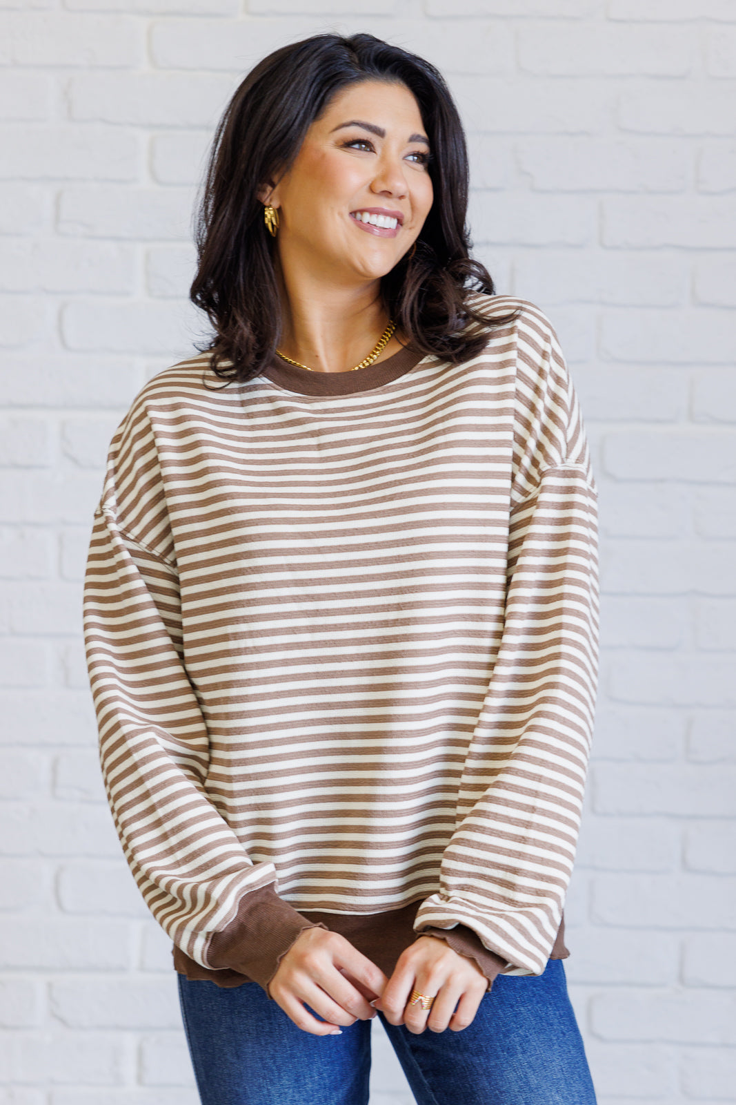 Too Good to be True Striped Drop Shoulder Top in Brown-110 Long Sleeve Tops-Inspired by Justeen-Women's Clothing Boutique