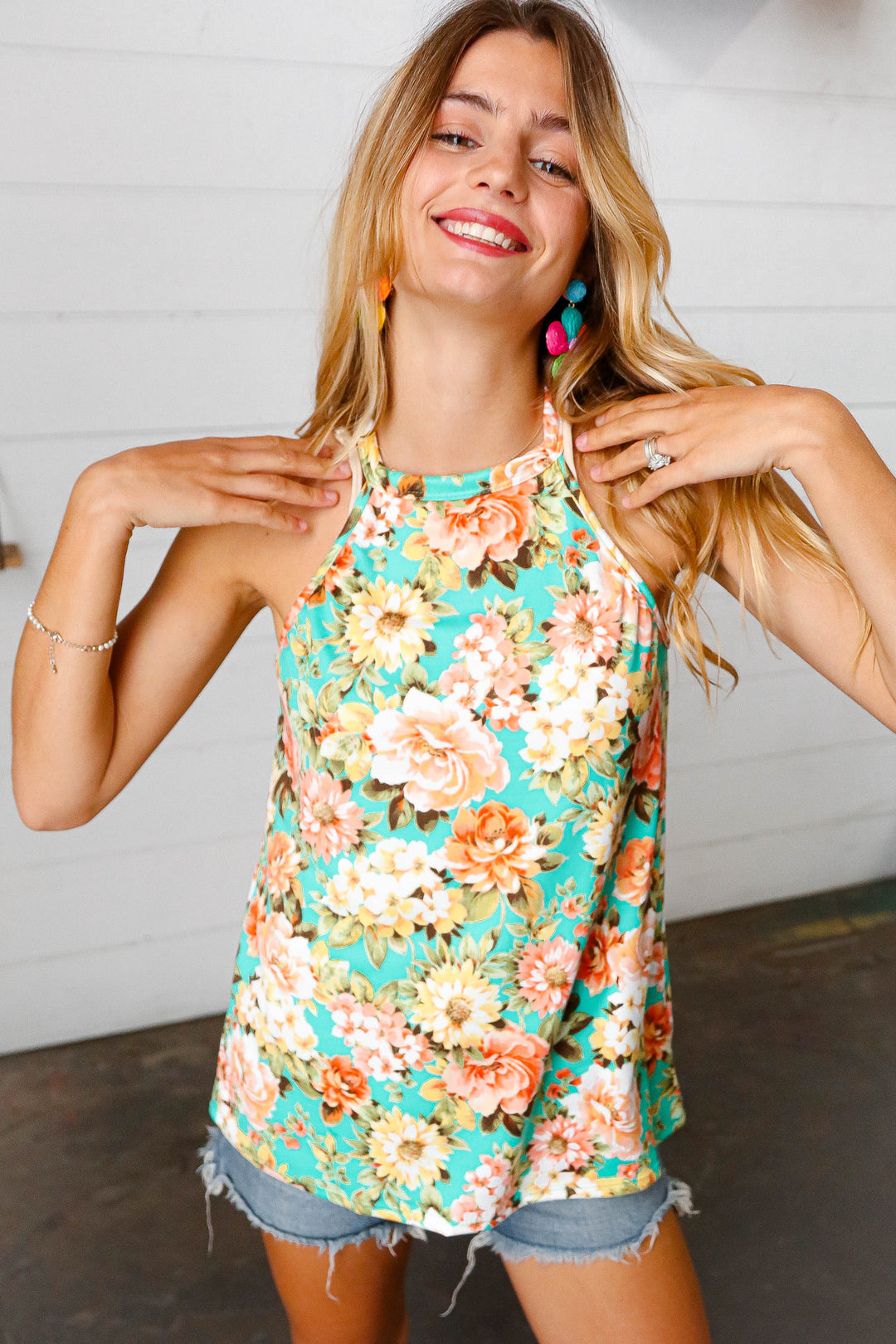 Seafoam Green Floral Halter Neck Tank Top-Inspired by Justeen-Women's Clothing Boutique in Chicago, Illinois