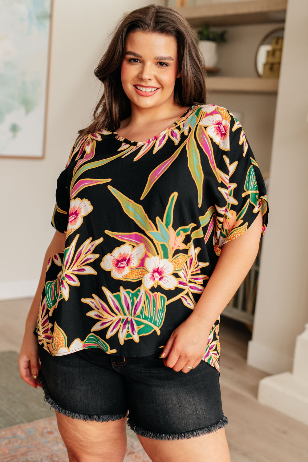 Tropical Bouquet V-Neck Top-100 Short Sleeve Tops-Inspired by Justeen-Women's Clothing Boutique in Chicago, Illinois