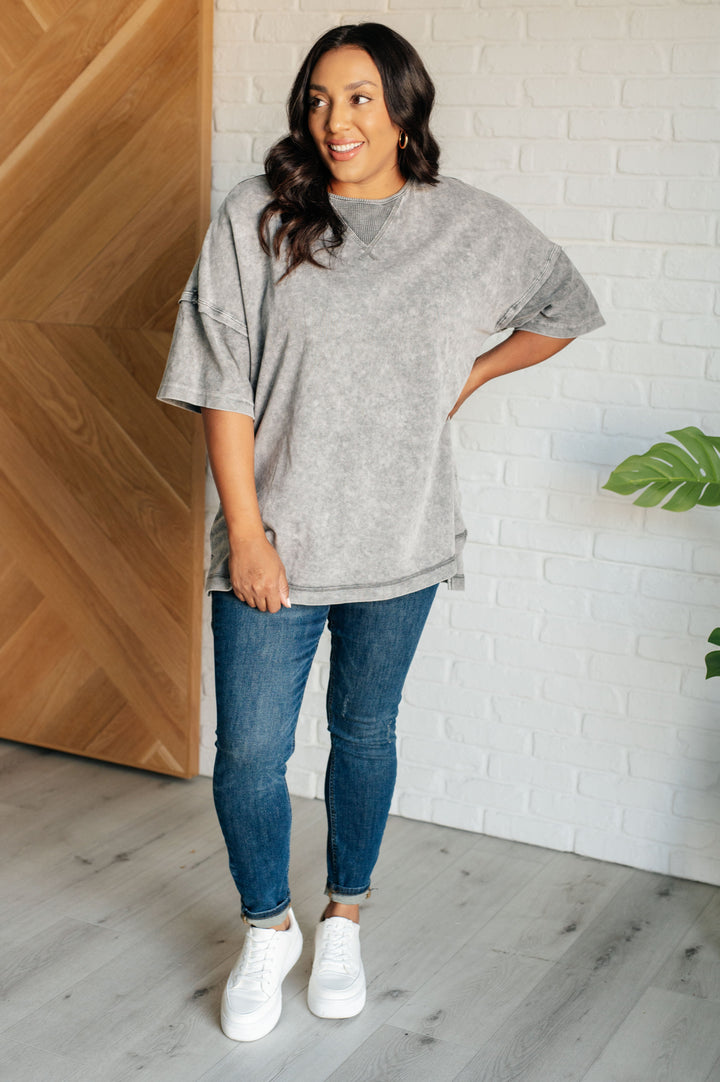 Unbothered Mineral Wash Top in Grey-100 Short Sleeve Tops-Inspired by Justeen-Women's Clothing Boutique