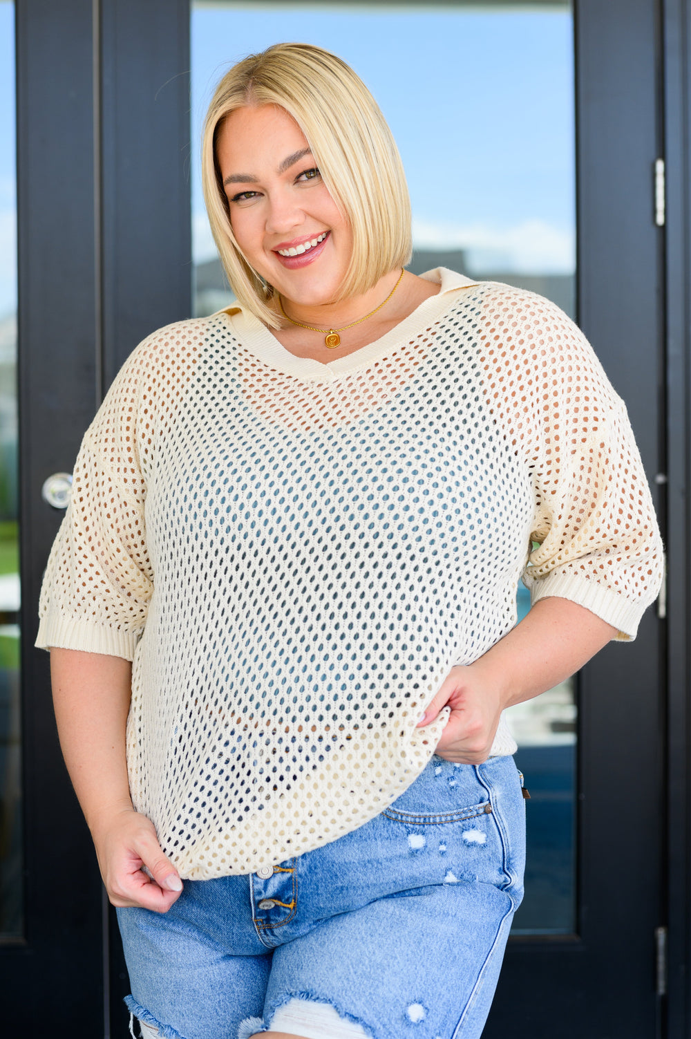 Under The Boardwalk Fishnet Collared Top-Short Sleeve Tops-Inspired by Justeen-Women's Clothing Boutique