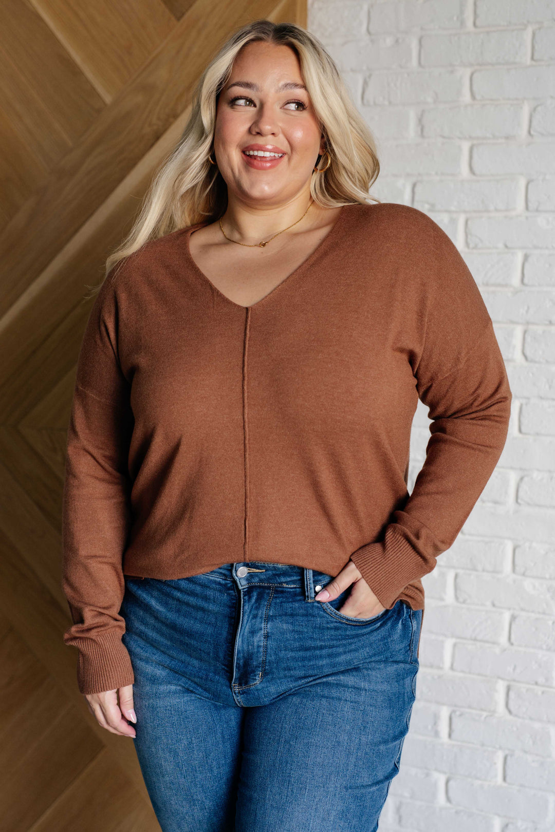 V-Neck Front Seam Sweater in Deep Camel-Sweaters/Sweatshirts-Inspired by Justeen-Women's Clothing Boutique