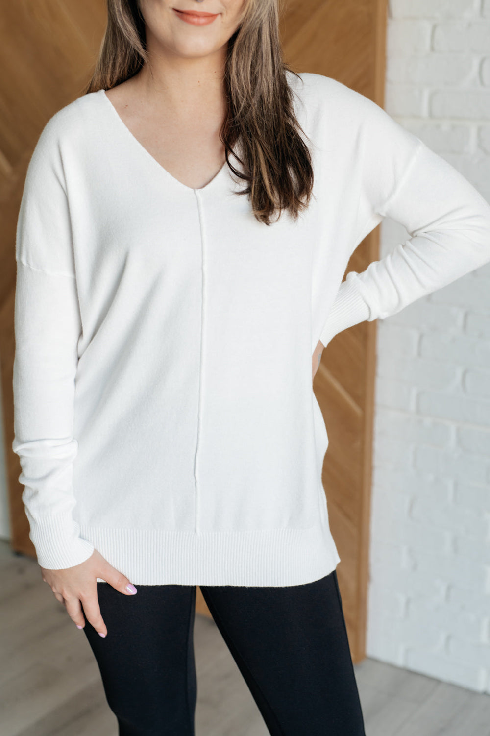 V-Neck Front Seam Sweater in Ivory-Sweaters/Sweatshirts-Inspired by Justeen-Women's Clothing Boutique