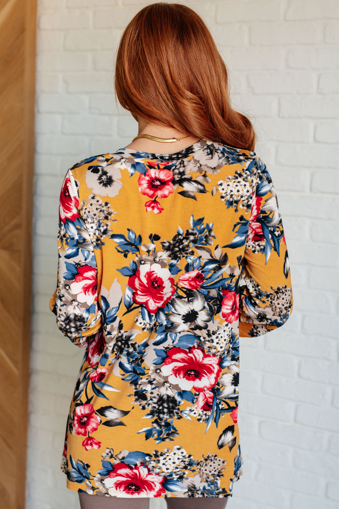 V-Neck Scoop Hem Top in Marigold Floral-110 Long Sleeve Tops-Inspired by Justeen-Women's Clothing Boutique