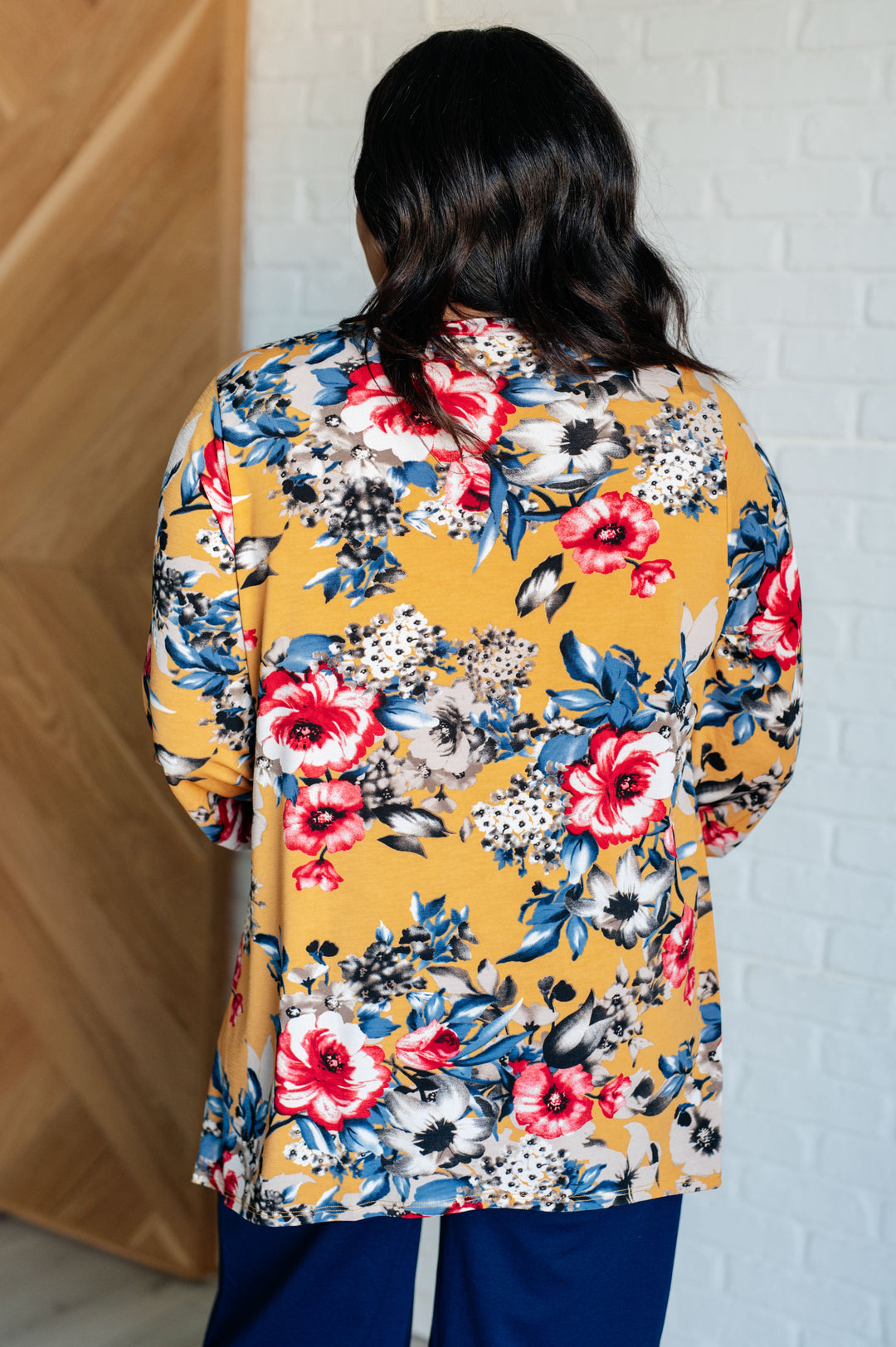 V-Neck Scoop Hem Top in Marigold Floral-110 Long Sleeve Tops-Inspired by Justeen-Women's Clothing Boutique