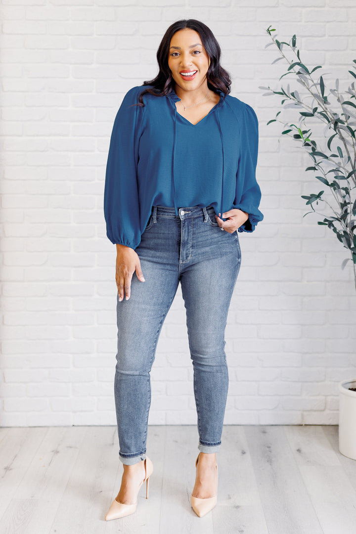 We Believe Keyhole Tie Detail Blouse-110 Long Sleeve Tops-Inspired by Justeen-Women's Clothing Boutique