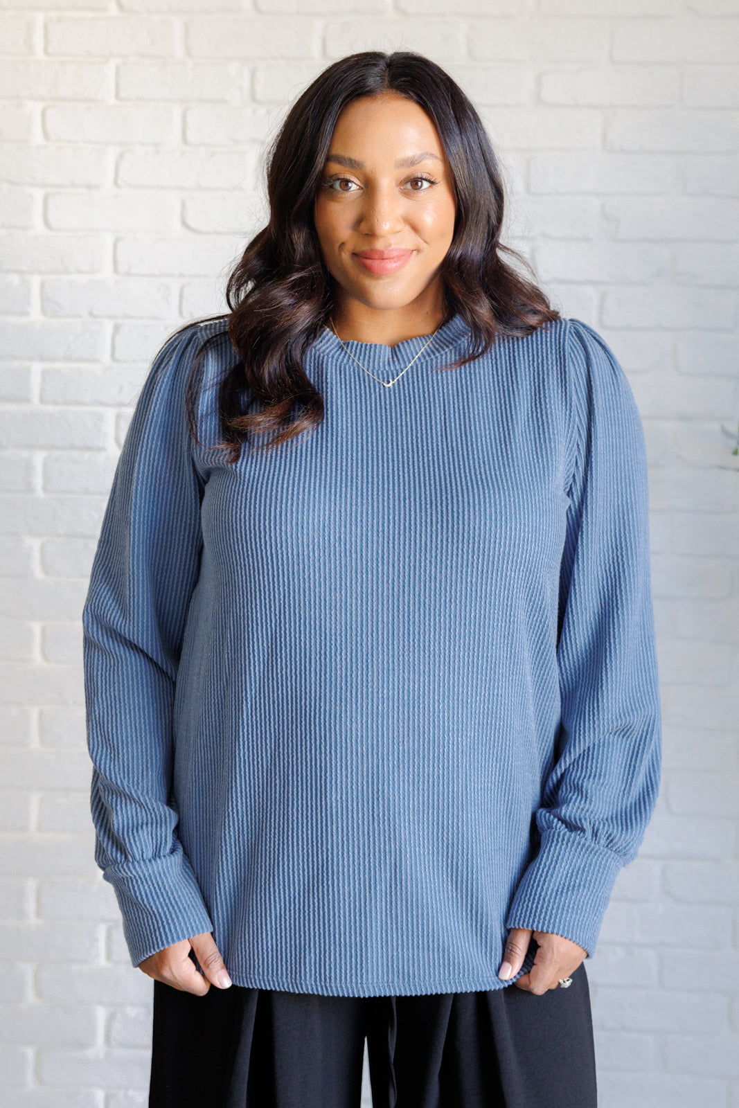 When the Sun Goes Down Mineral Wash Ribbed Knit Top in Vintage Denim-110 Long Sleeve Tops-Inspired by Justeen-Women's Clothing Boutique