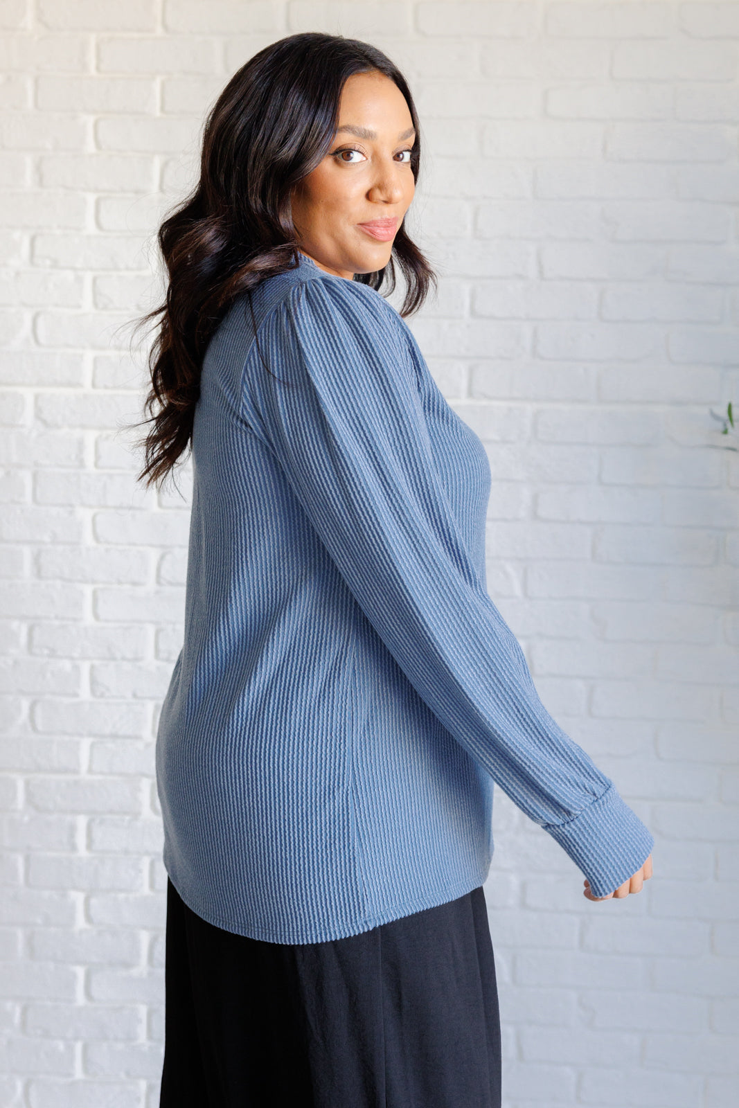 When the Sun Goes Down Mineral Wash Ribbed Knit Top in Vintage Denim-110 Long Sleeve Tops-Inspired by Justeen-Women's Clothing Boutique