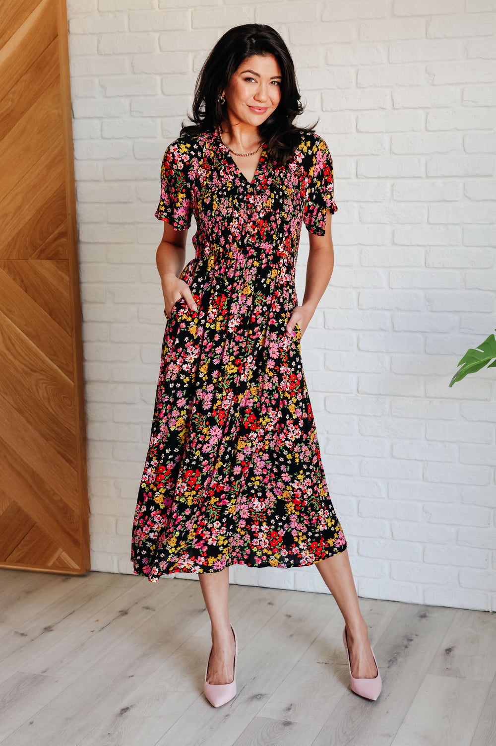 Wildflower and Barley V-Neck Button Up Dress-Dresses-Inspired by Justeen-Women's Clothing Boutique