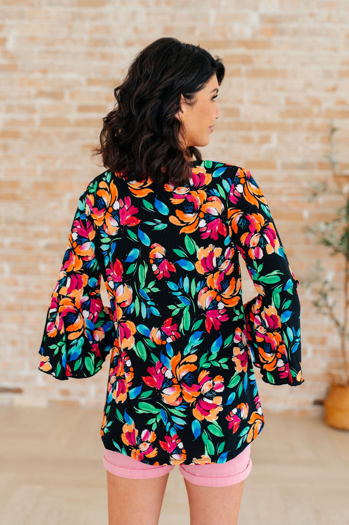 Willow Bell Sleeve Top in Black and Emerald Floral-Short Sleeve Tops-Inspired by Justeen-Women's Clothing Boutique in Chicago, Illinois