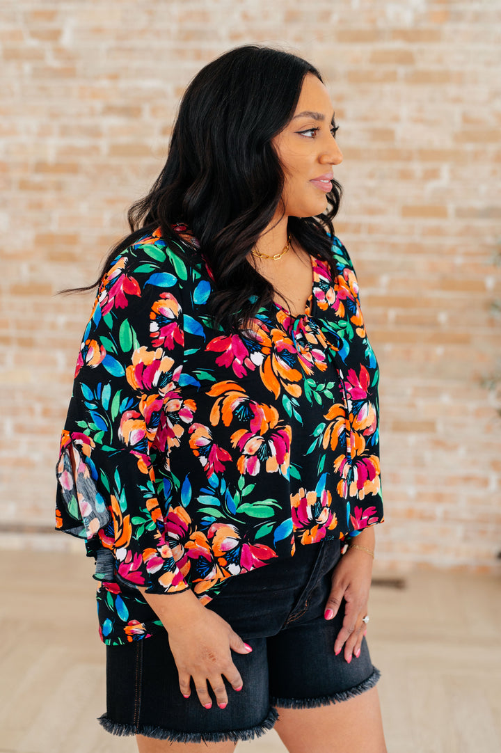 Willow Bell Sleeve Top in Black and Emerald Floral-Short Sleeve Tops-Inspired by Justeen-Women's Clothing Boutique in Chicago, Illinois