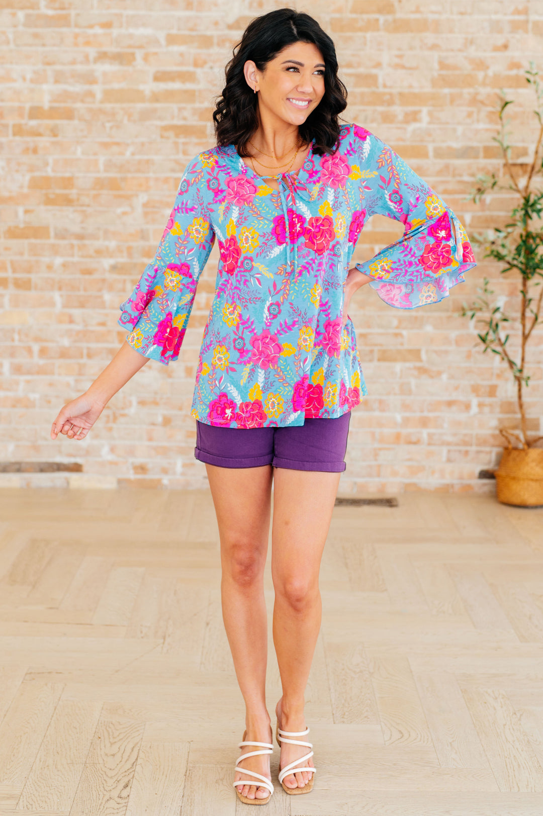 Willow Bell Sleeve Top in Bright Blue Floral-Tops-Inspired by Justeen-Women's Clothing Boutique