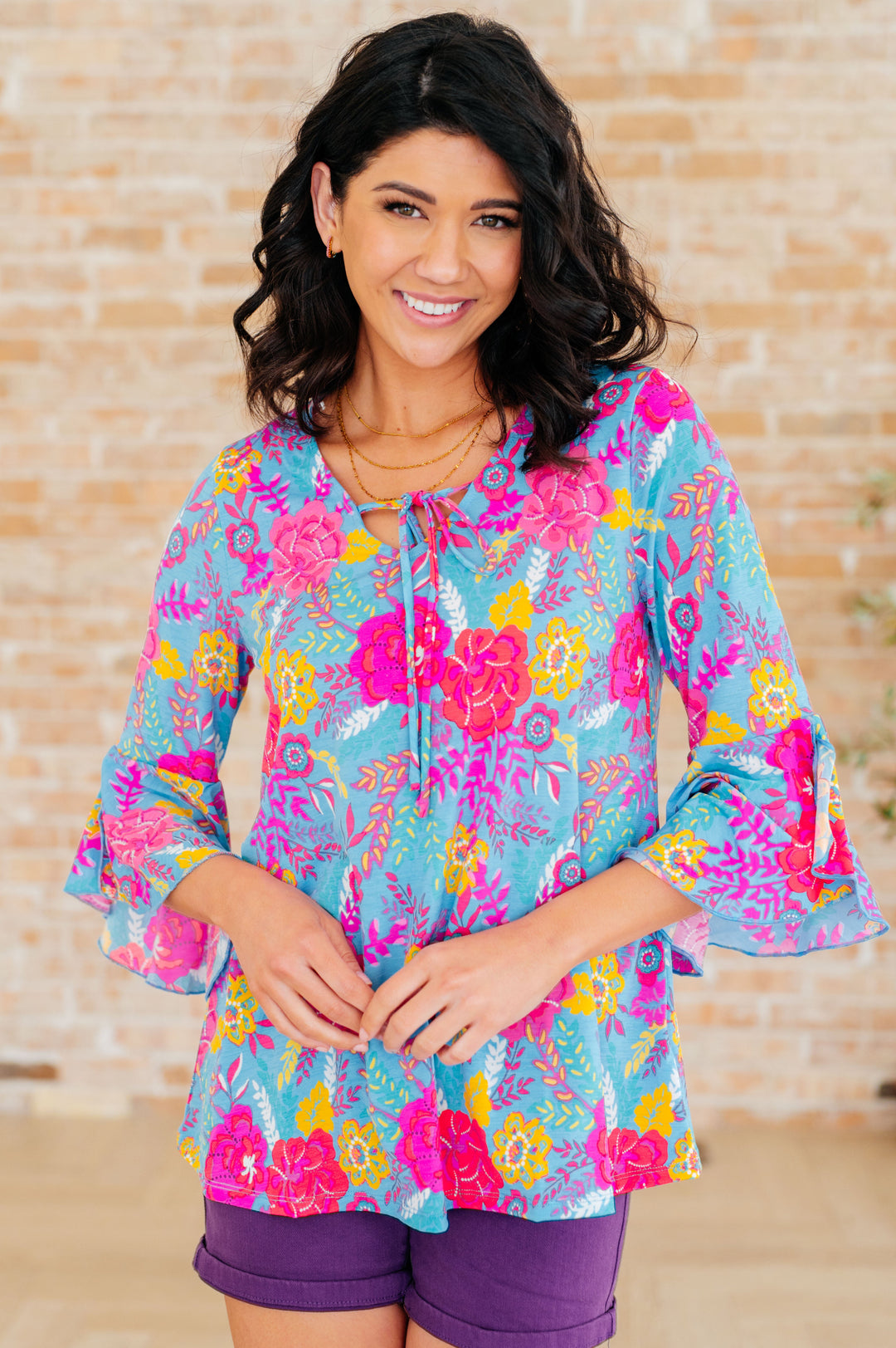 Willow Bell Sleeve Top in Bright Blue Floral-Tops-Inspired by Justeen-Women's Clothing Boutique