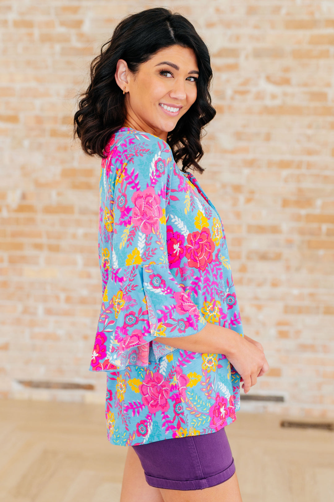 Willow Bell Sleeve Top in Bright Blue Floral-Tops-Inspired by Justeen-Women's Clothing Boutique