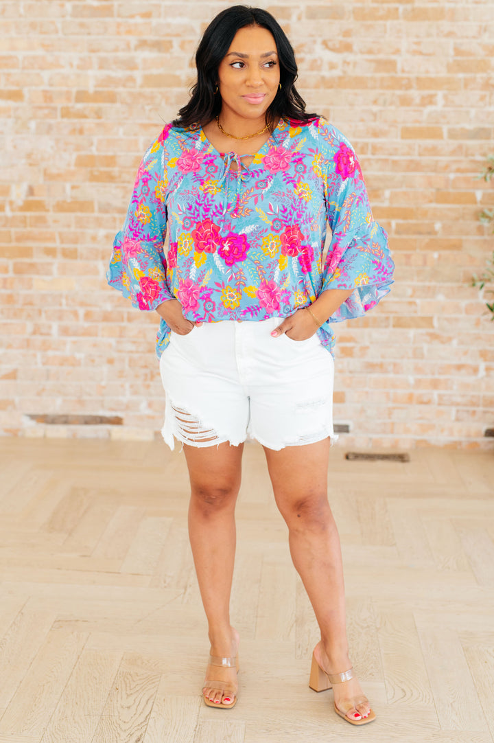 Willow Bell Sleeve Top in Bright Blue Floral-Tops-Inspired by Justeen-Women's Clothing Boutique