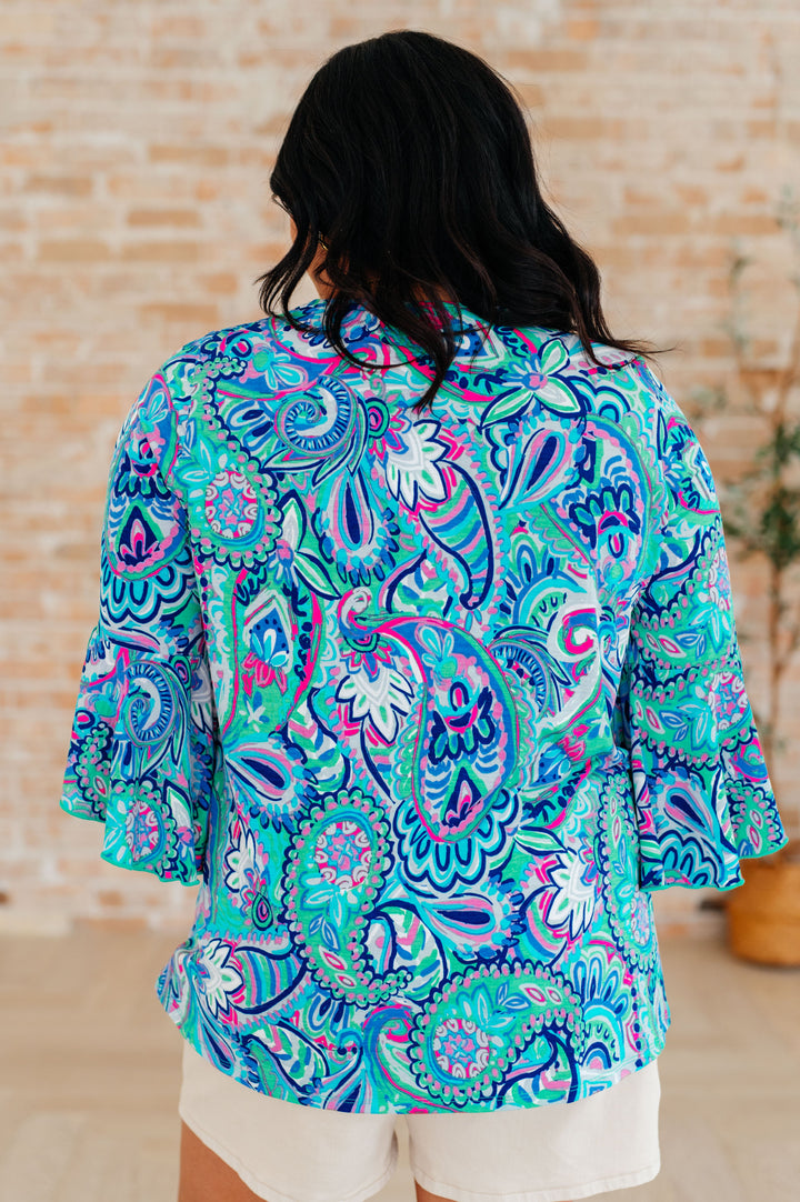 Willow Bell Sleeve Top in Emerald and Royal Paisley-Short Sleeve Tops-Inspired by Justeen-Women's Clothing Boutique in Chicago, Illinois