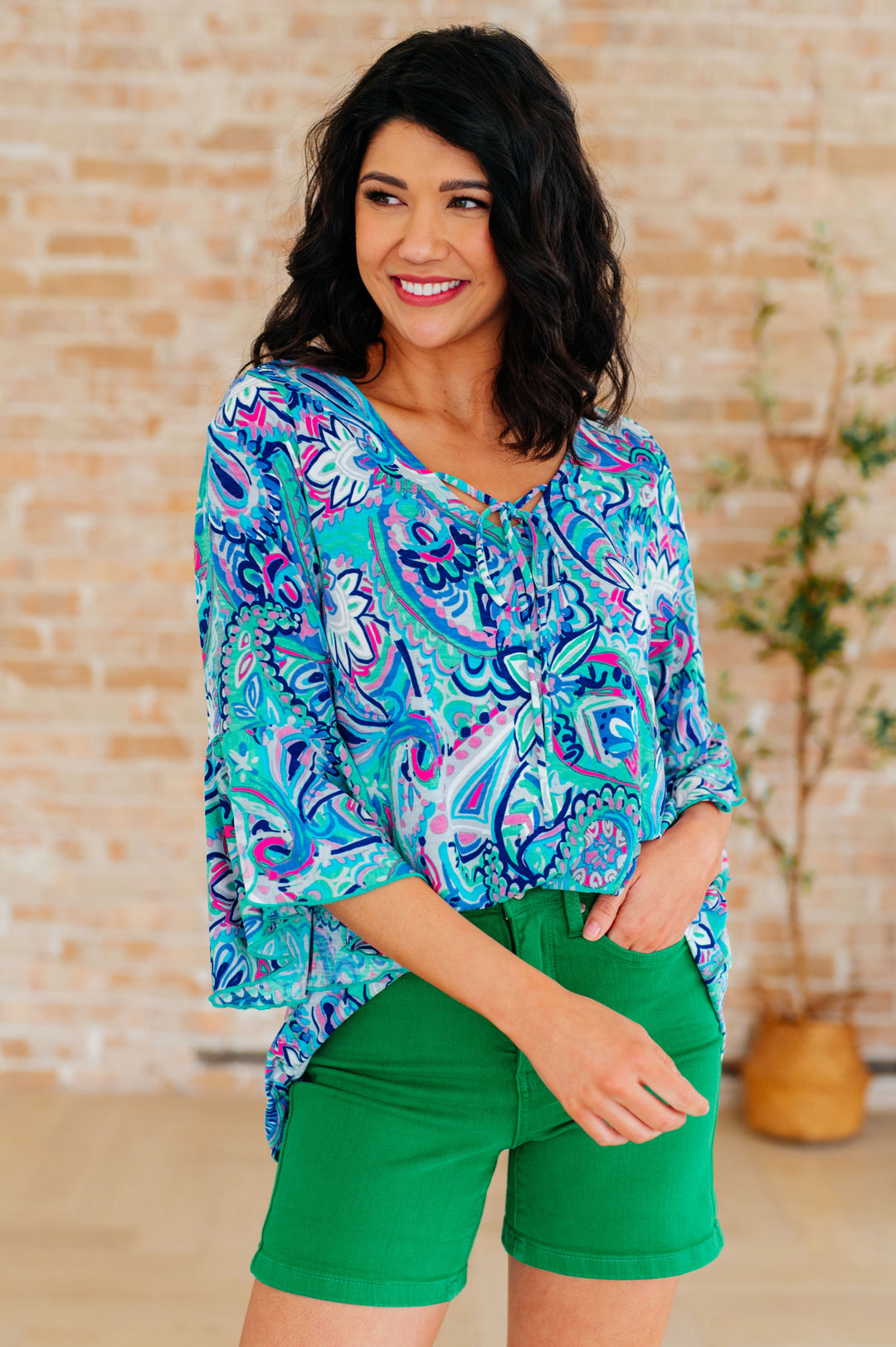 Willow Bell Sleeve Top in Emerald and Royal Paisley-Short Sleeve Tops-Inspired by Justeen-Women's Clothing Boutique in Chicago, Illinois