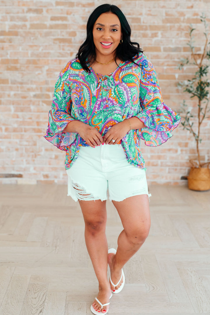 Willow Bell Sleeve Top in Lavender Mint Paisley-Short Sleeve Tops-Inspired by Justeen-Women's Clothing Boutique in Chicago, Illinois