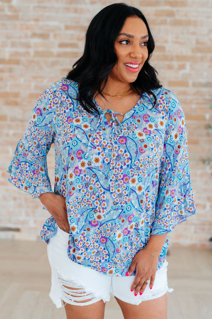 Willow Bell Sleeve Top in Retro Ditsy Floral-Short Sleeve Tops-Inspired by Justeen-Women's Clothing Boutique