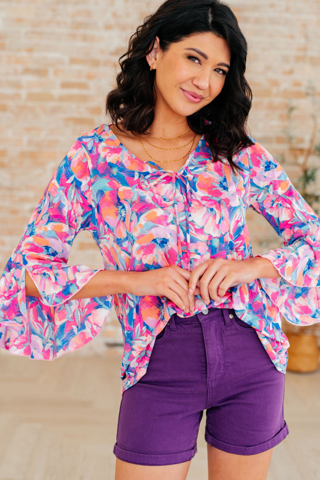 Willow Bell Sleeve Top in Royal Brushed Floral-Short Sleeve Tops-Inspired by Justeen-Women's Clothing Boutique in Chicago, Illinois