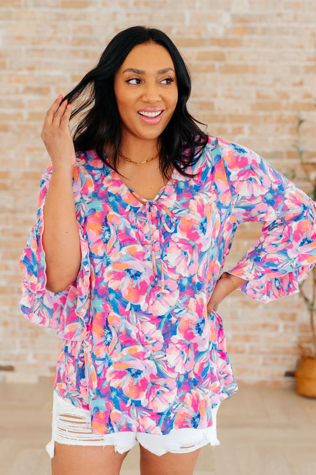 Willow Bell Sleeve Top in Royal Brushed Floral-Short Sleeve Tops-Inspired by Justeen-Women's Clothing Boutique in Chicago, Illinois
