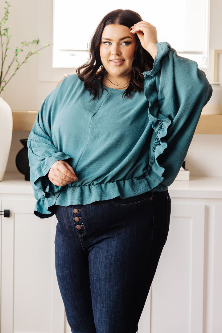 Winging It Ruffle Detail Top in Teal-110 Long Sleeve Tops-Inspired by Justeen-Women's Clothing Boutique