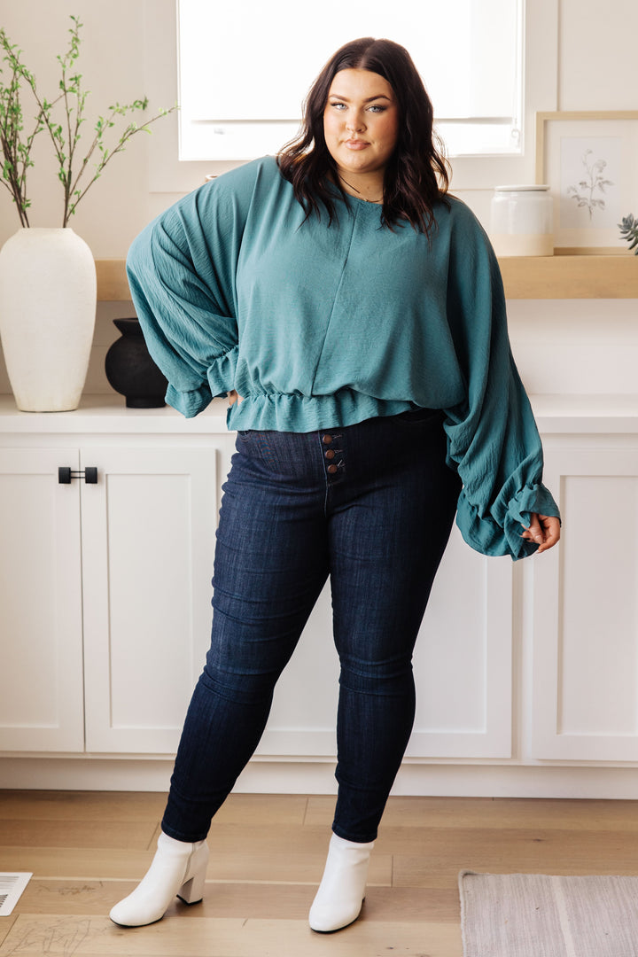 Winging It Ruffle Detail Top in Teal-110 Long Sleeve Tops-Inspired by Justeen-Women's Clothing Boutique