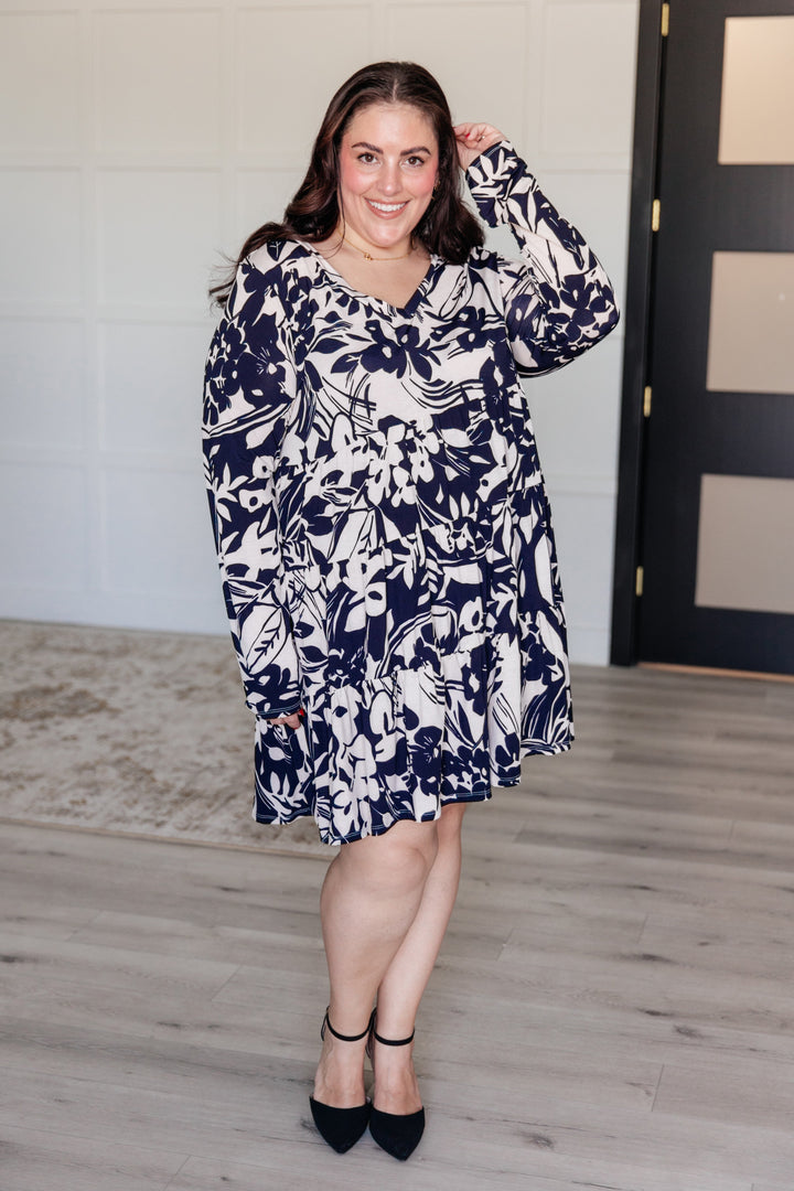 Worthwhile Moment Floral Tiered Dress in Oatmeal and Navy-Dresses-Inspired by Justeen-Women's Clothing Boutique