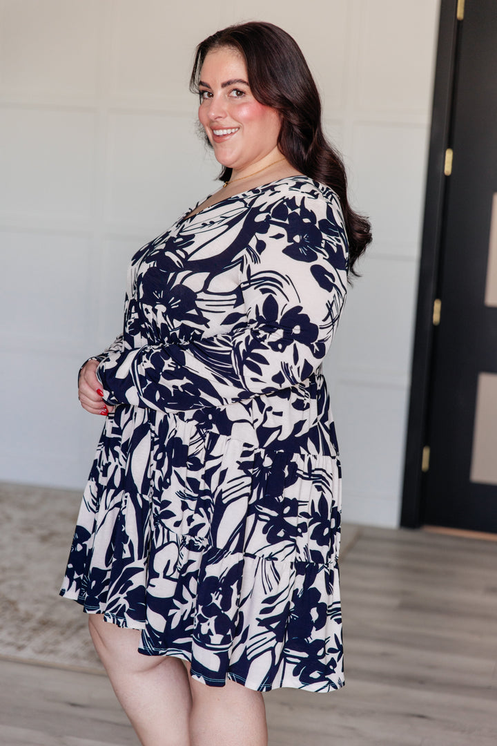 Worthwhile Moment Floral Tiered Dress in Oatmeal and Navy-Dresses-Inspired by Justeen-Women's Clothing Boutique