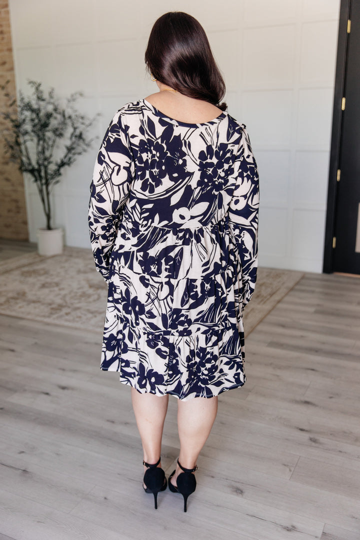 Worthwhile Moment Floral Tiered Dress in Oatmeal and Navy-Dresses-Inspired by Justeen-Women's Clothing Boutique