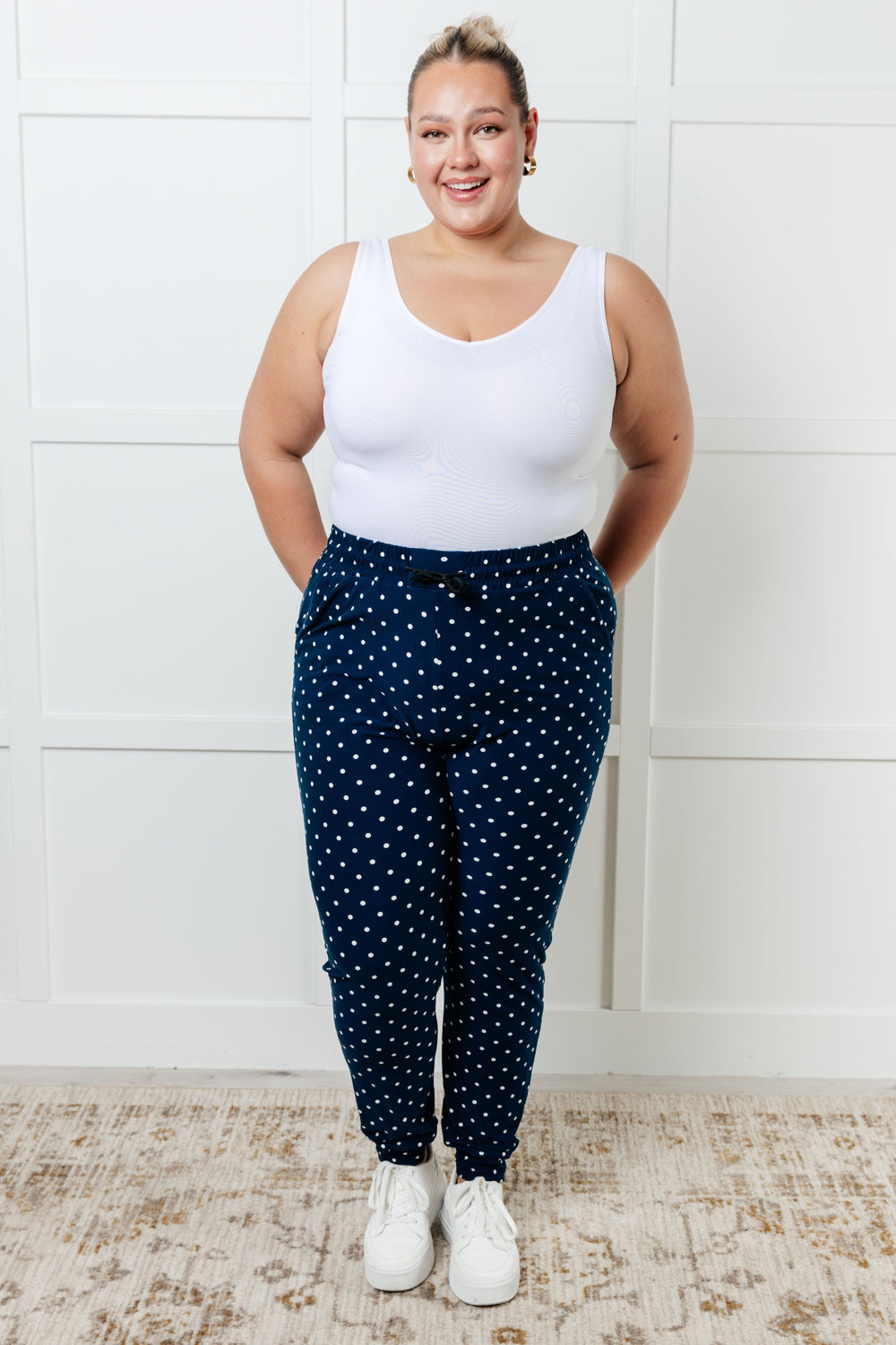 Your New Favorite Joggers in White Polka Dot-Pants-Inspired by Justeen-Women's Clothing Boutique