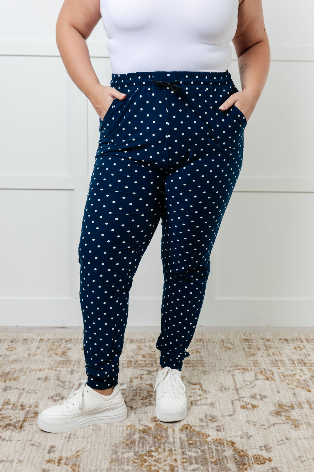 Your New Favorite Joggers in White Polka Dot-Pants-Inspired by Justeen-Women's Clothing Boutique