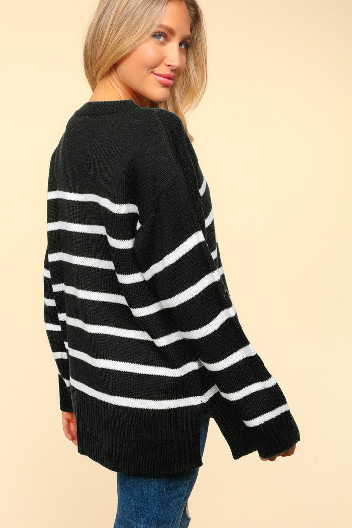 Haptics Full Size Striped Contrast Side Slit Sweater-Sweaters/Sweatshirts-Inspired by Justeen-Women's Clothing Boutique