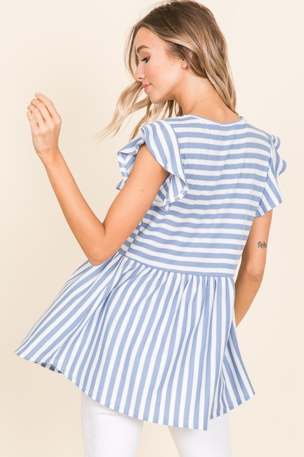 BOMBOM Striped Round Neck Blouse-Short Sleeve Tops-Inspired by Justeen-Women's Clothing Boutique in Chicago, Illinois
