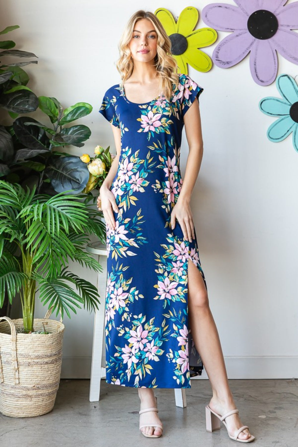 Heimish Full Size Floral Short Sleeve Slit Dress-Dresses-Inspired by Justeen-Women's Clothing Boutique in Chicago, Illinois